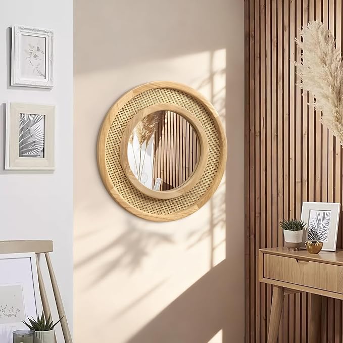 JJUUYOU Wooden Mirror Circle Mirrors for Wall 20 Inch Circular Hanging Mirrors with Wood Frame for Living Room Bathroom Vanity Entryway Hallway