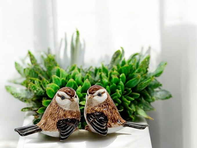 WitnyStore Tiny 2¾" Brown Sitting Look Right Eurasian Sparrow Bird Figurine - Miniature Hand Made Ceramic Birds Aves Colorful Porcelain Feathered Animals Cute Decorative Collectible Figure Décor Gifts