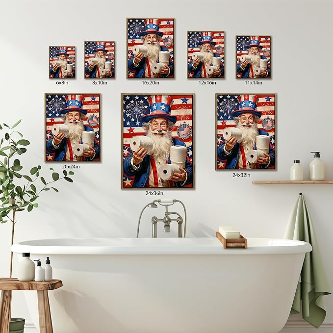 American Flag Framed Canvas Wall Art, 4th of July Patriotic Canvas Prints | Humorous Uncle Sam Toilet Paper Poster Print, Independence Day Wall Decor for Bedroom Bathroom Living Room 24×36in
