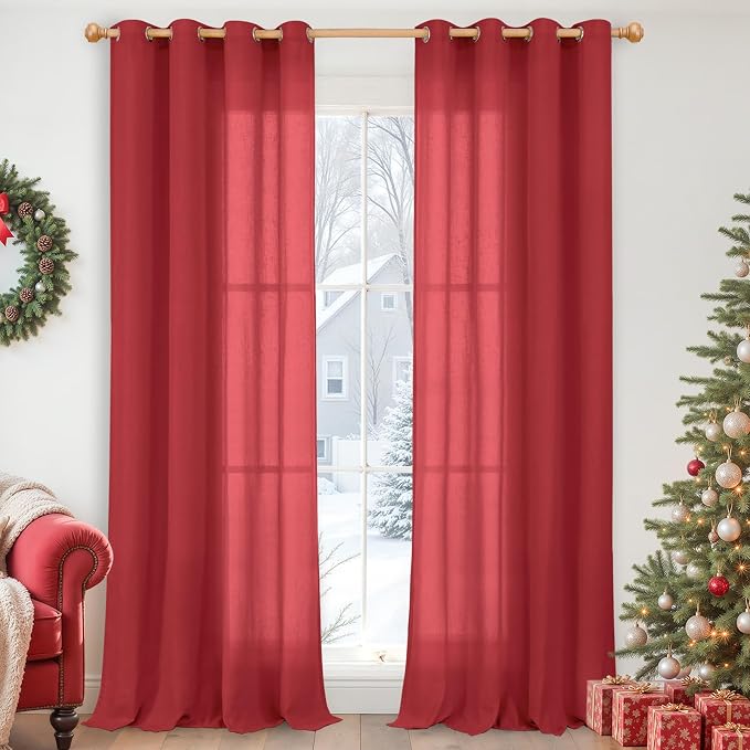 YoungsTex Red Linen Curtains 84 Inches Long for Living Room, Light Filtering Drapes with Grommet Semi Sheer Privacy for Bedroom Dining Room, 2 Panels, 52 X 84 Inch