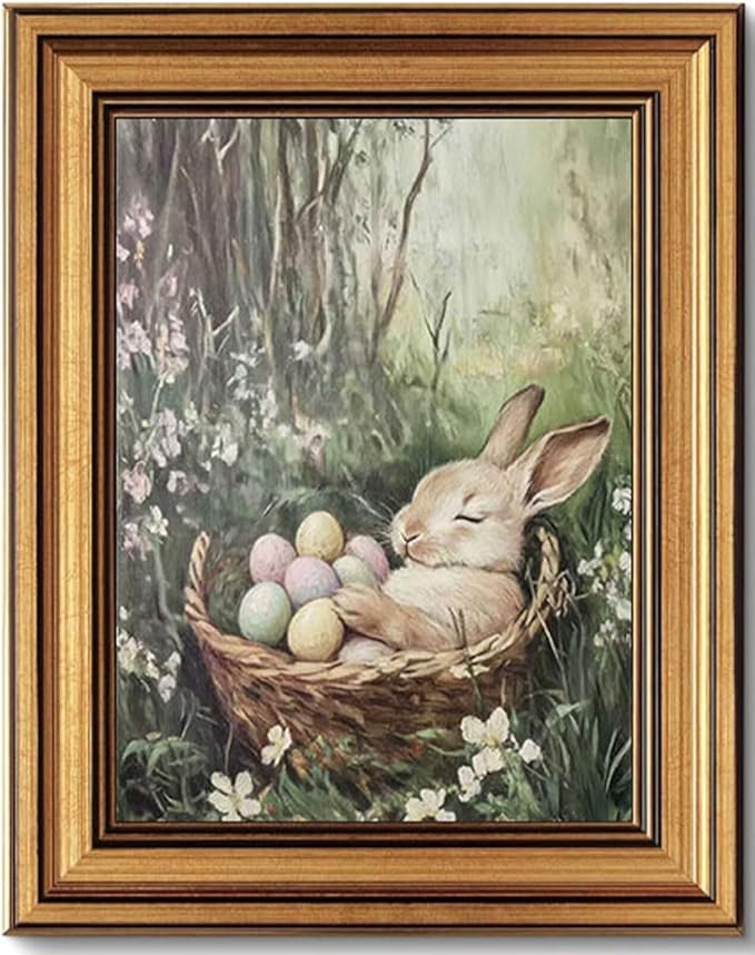 Rienkhu Vintage Easter Rabbit Canvas Wall Art Print Coloured Eggs and Bunny Painting Picture Farmhouse Home Wall Decor for Bedroom Room Living Home Decoration 9x11in