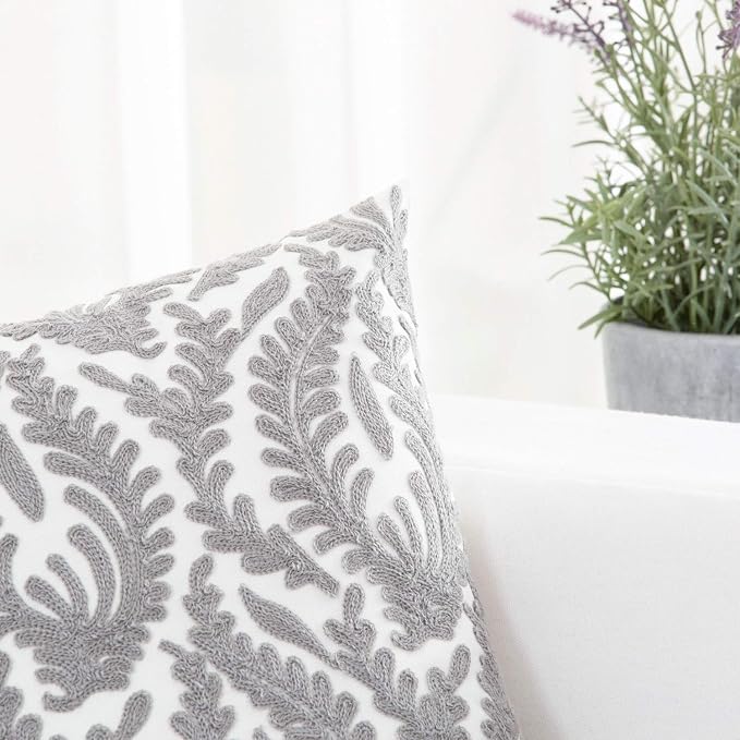 HWY 50 Grey Gray Decorative Throw Pillow Covers 18x18 Inch (1 Piece), Embroidered Cotton Farmhouse Cushion Cover Pillow Case for Sofa Couch Living Room Bed Bedroon, Floral Branches