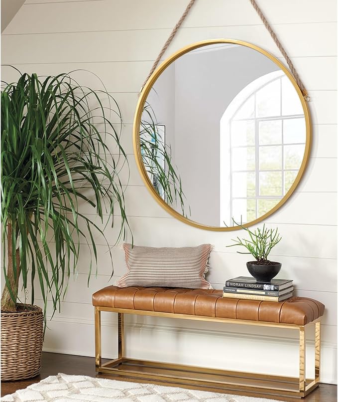 Hanging Mirror Circle Mirror Farmhouse Gold Large Round Hanging Wall Mirror Artistic with Rope for Bathroom Bedroom Vanity Living Room Entryway 24"