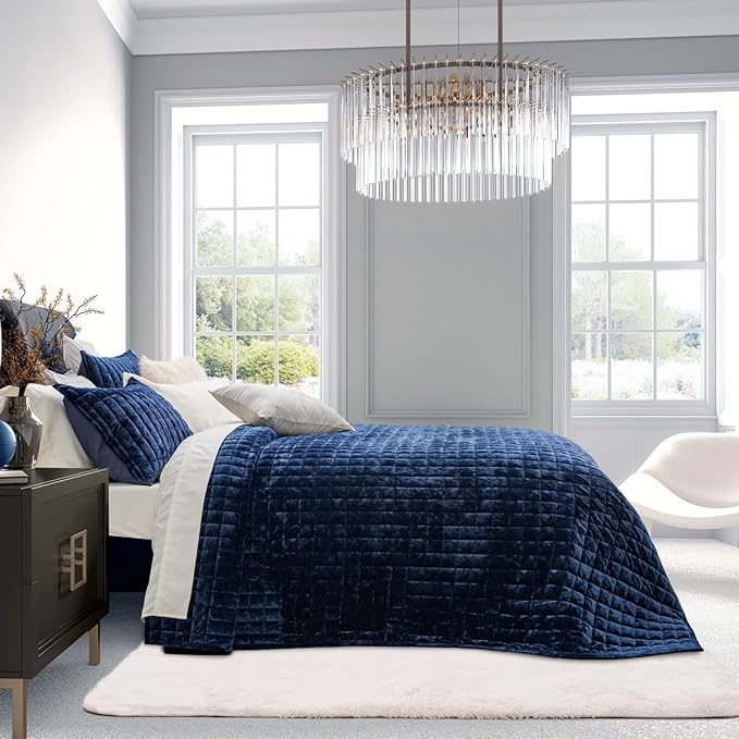 RECYCO Channel Box Stitch Velvet Quilt Set, King Size, Navy Blue | Ultra Soft Lightweight Velvet Comforter, Luxury Oversized Bedspread Coverlet, Quilted Bedding Set for All Season with 2 Shams