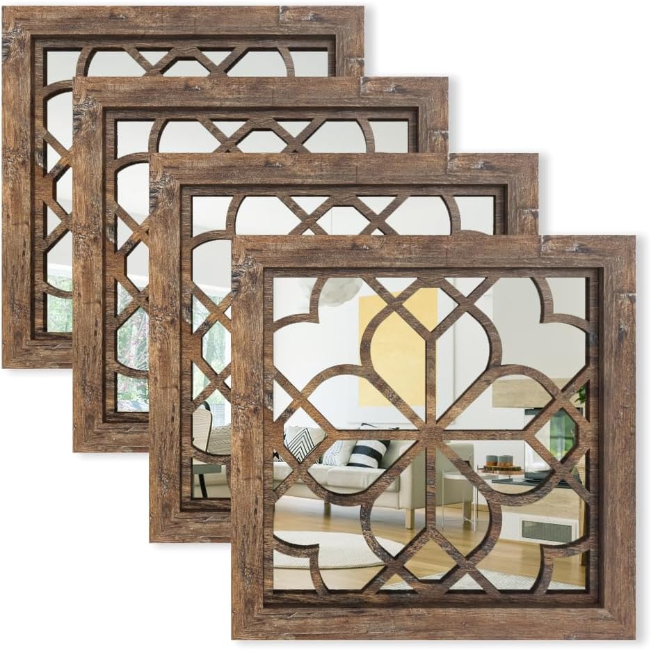 Set of 4 14 Inch Square Redbrown Window Pane Wall Mirrors, Shatterproof Rustic Farmhouse Boho Vintage Decorative Mirrors for Living Room Bedroom Bathroom Entryway