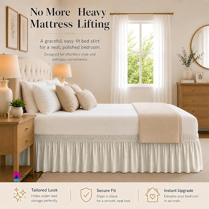 RIMELA Ivory Bed Skirt King Size 15 Inch Drop, Elastic Bed Skirting for Bed Base and Frame, Bedding Dust Ruffle Easy to Install, Lightweight Wrap Around Adjustable Bedskirt | Solid Ruffled, Easy to Use, No Mattress Lifting, Wrinkle & Fade Resistant, wi...