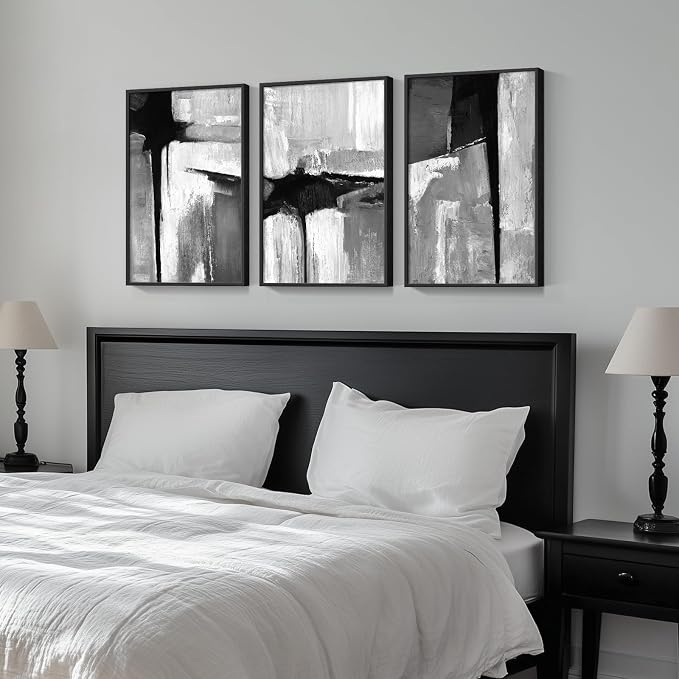 Framed Black White Gray Abstract Wall Art, 3 Piece Canvas Prints 16x24 In | Modern Minimalist Artwork, Solid Frames, Abstract Paintings, Neutral Pictures, Living Room Bedroom Office Hallway Wall Decor