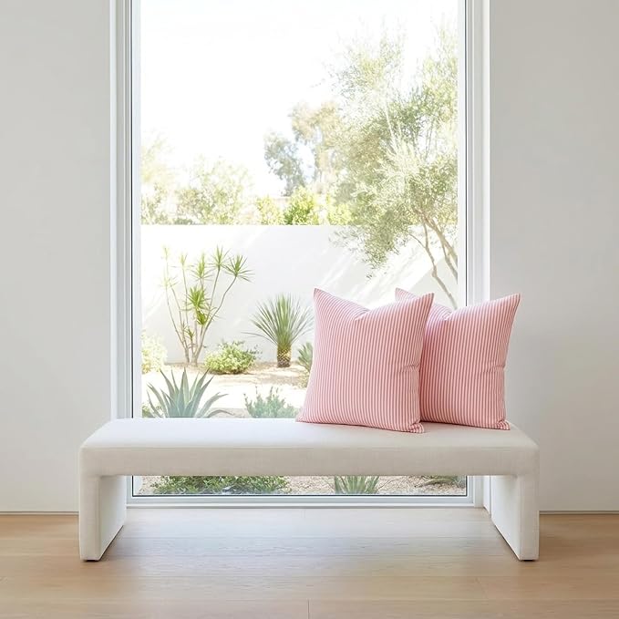 Spring Light Pink Striped Throw Pillow Covers 18x18 Set of 2, Farmhouse Outdoor Decorative Stripe Pillow Covers For Patio Furniture, Funky Blush Pink Throw Pillows 18 x 18 (No Pillow Inserts)