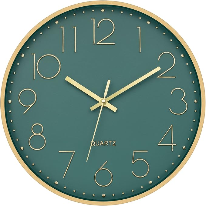 Foxtop 12" Modern Wall Clock Silent Battery Operated Metal Gold Clock | Dark Green Dial, Non-Ticking, Round, Analog Clock, Quartz, Easy to Read, Living Room, Bedroom, Kitchen, Office