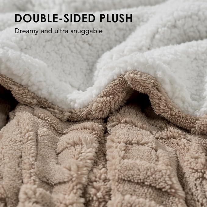 EverGrace Jacquard Reversible Sherpa Throw Blanket, 108" x 90", Khaki Tan | Jacquard Sherpa Throw Blanket, Super Soft, Cozy Plush Blanket, Reversible Thick Warm Throw for Bed, Sofa, Living Room