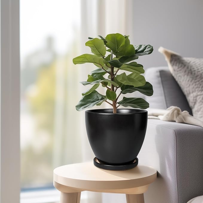 Ceramic Pots for Plants - 6.8 Inch Plant Pot with Drainage Hole and Saucer, Succulent Round Flower Planters for Indoor, Home Decor, Black