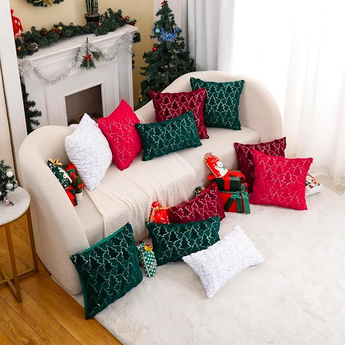 VAKADO 12x20 Set of 2 Christmas Throw Pillow Covers Embroidered Decorative Xmas Cushion Cases Holiday Soft Home Decor for Bedroom Sofa Chair Porch Winter, White