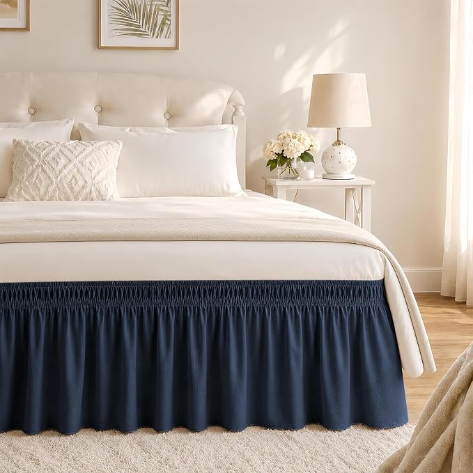 Navy Blue Bed Skirt Queen Size 15" Drop, Elastic Wrap Around Bedskirt | Solid Ruffled, Easy to Use, No Mattress Lifting, Wrinkle & Fade Resistant, with Adhesive Strips, Machine Wash/Dry/Iron