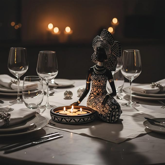 Lescafita African Lady Figurine Candle Holder with African Tribal Totem for Wedding,Church,Holiday Decor-African Decorative Women Statues, Candlestick Holder for Home and Table Decor(754-Black)