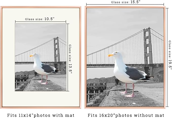 Frametory 16x20 Rose Gold Aluminum Metal Picture Frame Mat for 11x14 Glass