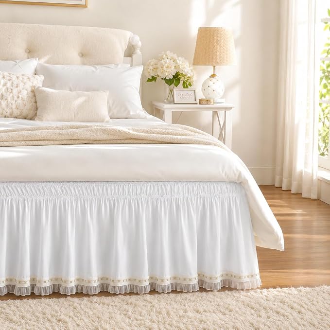 Lace Trim Bed Skirt Queen 15" Drop, Elastic Wrap Around Bedskirt | Solid Ruffled, Easy to Use, No Mattress Lifting, Wrinkle & Fade Resistant, with Adhesive Strips, Machine Wash/Dry/Iron
