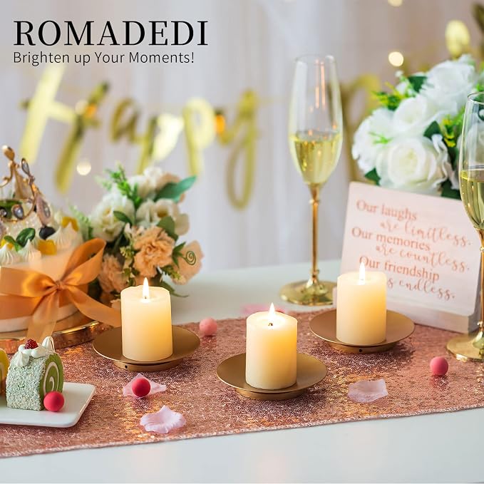 Romadedi Gold Iron Pillar Candle Holder Plates, Decorative Stand Pack of 4