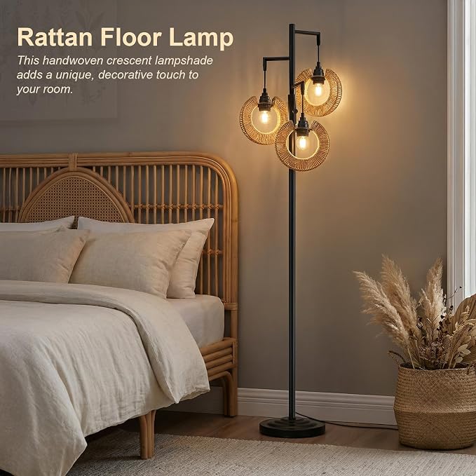 OYEARS 70" Boho Floor Lamps for Living Room, Stepless Dimmable Rattan Floor Lamp, Farmhouse Tall Lamps for Bedroom, Standing Tree Lamp for Office, Nursery, Rotary Switch, 3 LED Bulbs Included, Black