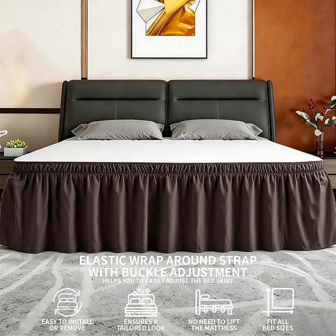 ANARACHON Queen Bed Skirt, Elastic Wrap Around Bed Skirt Queen Size, Bed Skirts for Adjustable Bed, Easy Fit with 18" Drop Length Tailored Drop Dust Ruffle (Brwon)