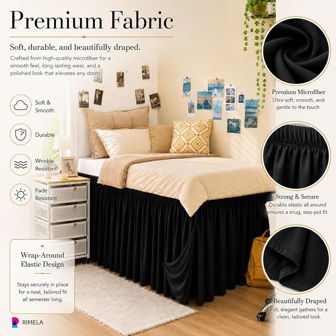 Dorm Room Bed Skirt Twin XL 22" Drop, College Split Corner Bedskirt, Black | Solid ruffled, Wrap-around/elastic, Wrinkle & Fade resistant, with Adhesive Strips, Gift Packed, Machine Wash/Tumble Dry/Iron
