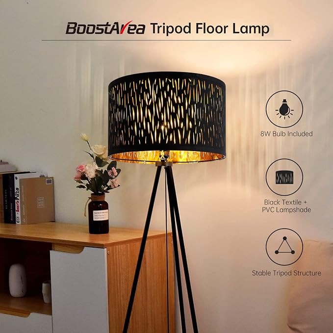 BoostArea Floor Lamp, Tripod Floor Lamp, 8W LED Bulb, Decorative Lamp Shade, Mid Century Standing Lamp for Living Room, Bedroom, Study Room and Office