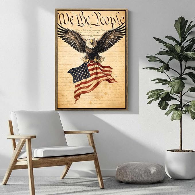 American Flag Framed Canvas Wall Art, 4th of July Patriotic Canvas Prints | USA Flag with Bald Eagle Poster Print, Vintage Independence Day Wall Decor for Bedroom Living Room 16×20in
