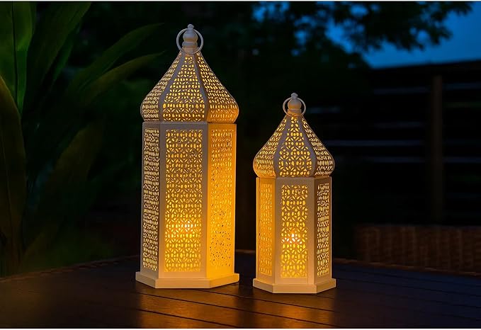 VELA LANTERNS Large Temple Tower Moroccan Lantern Lamp Decorative Candle Holders for Ramadan Decorations, Hanging, Outdoor Patio or Porch, Indoor Home Decor, Weddings, White, Set of 2