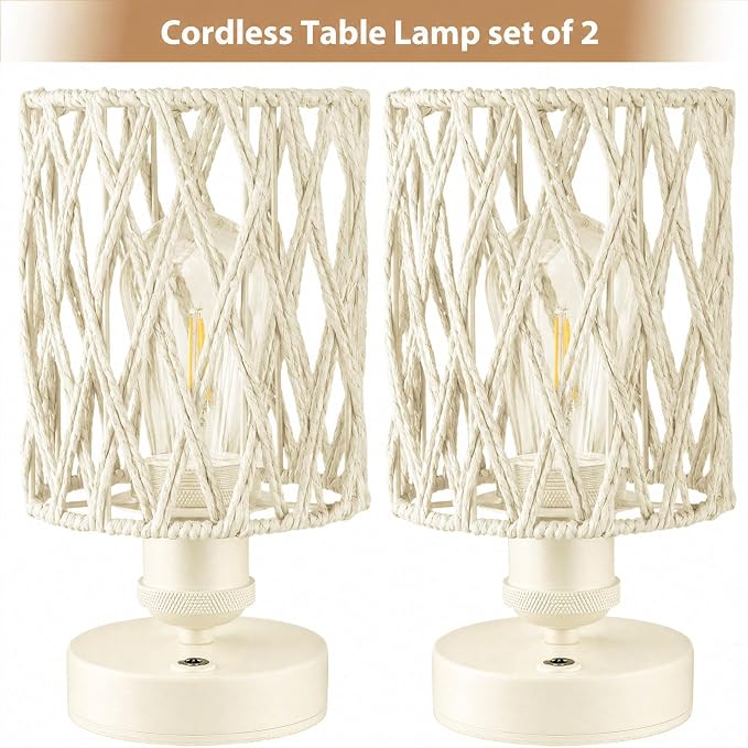 Cordless Outdoor Table Lamps, Small Rattan Boho, Rechargeable Battery Operated for Outdoor Patio, Home, Living Room, Bedroom, Bedside - Set of 2 (Ivory)