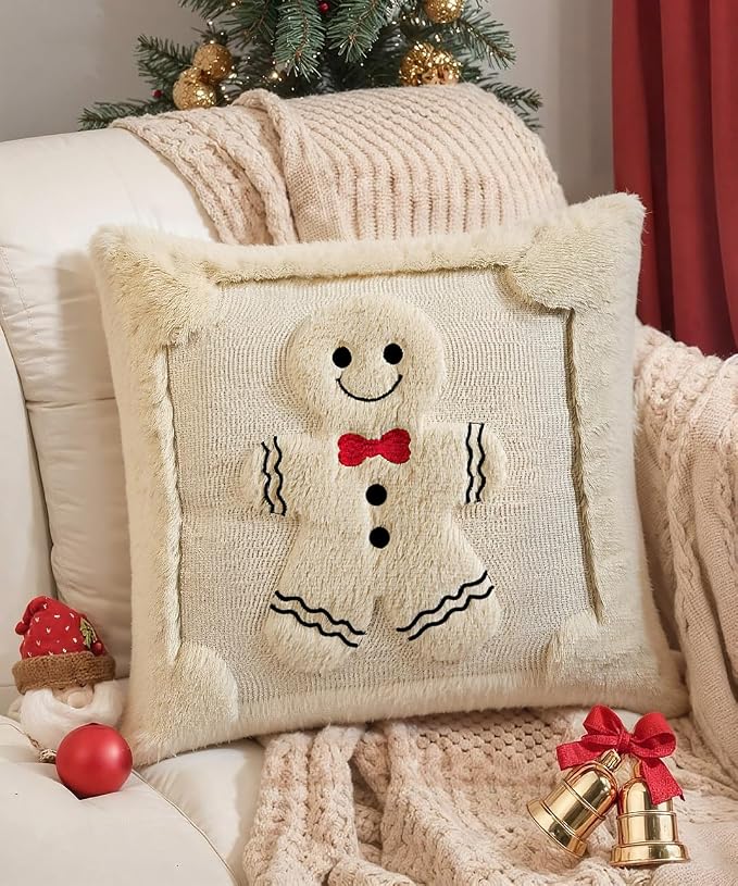Christmas Pillow Covers Set of 2 Soft Plush Faux Fur Pillow Cases 3D Embroidered Decorative Couch Cover Home Decor Christmas Throw Pillow Covers 18x18,Beige Gingerbread Man