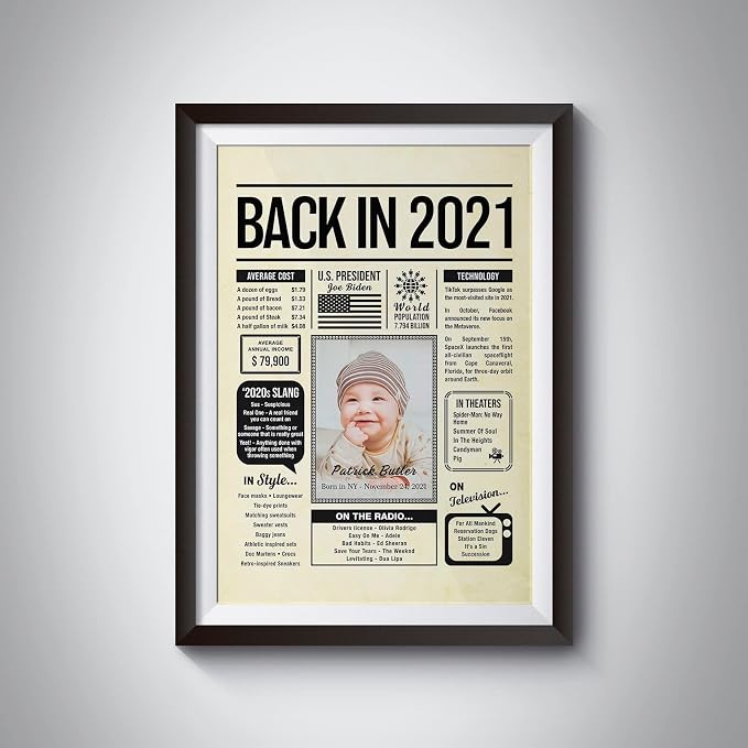 Personalized 4 year old birthday gifts - Back in 2021 Poster - Centerpiece Table Decorations 4th Birthday Party - Custom Born in 2021 Newspaper Vintage Poster for Boys, Girls