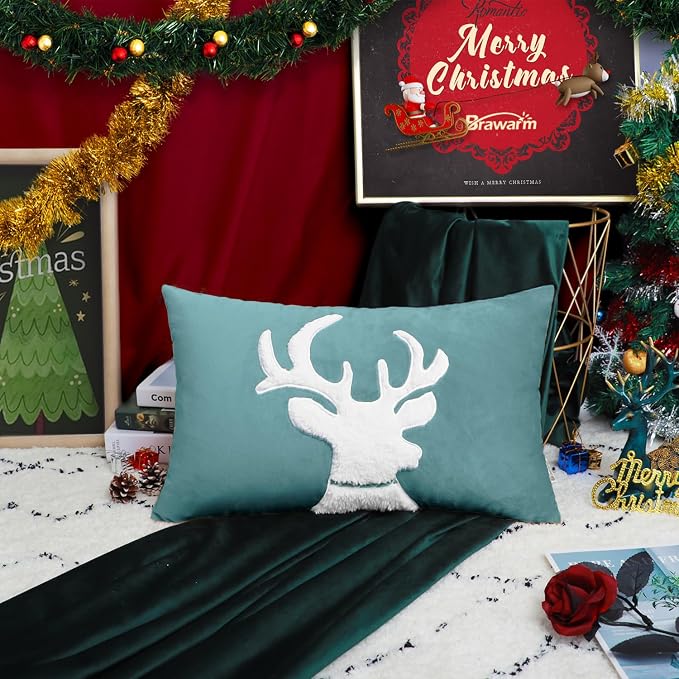 BRAWARM Christmas Pillow Cover 12 X 20 Inches, Teal Reindeer Embroidered Lumbar Pillow Cover, Soft Velvet Decorative Throw Pillow for Couch Bed Sofa Living Room Home