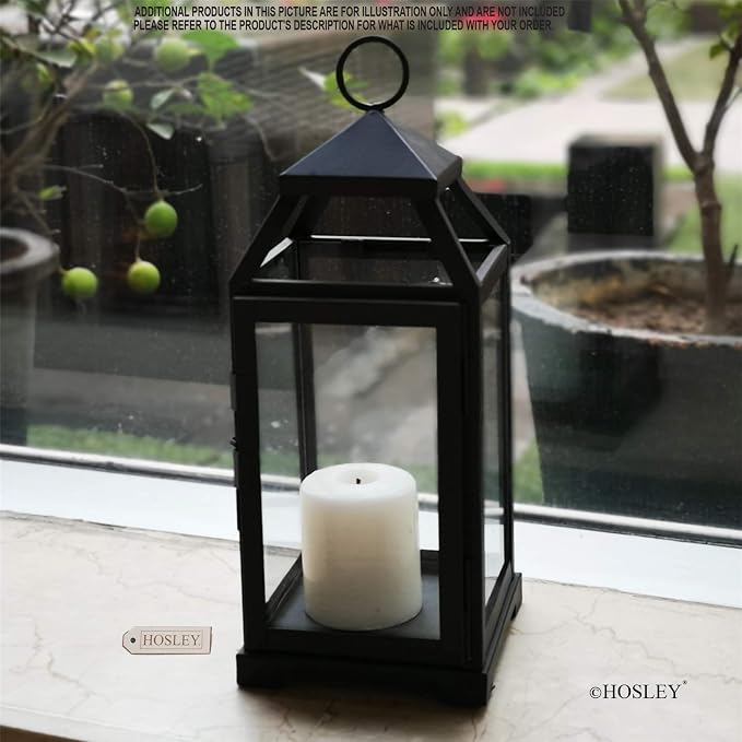 Hosley 14 Inch High Large Clear Glass Iron Classic Style Lantern Elegant Candle Holder for Home Decor Vintage-Inspired Centerpiece with Stylish Iron Frame Indoor/Outdoor Lighting Accent Timeless