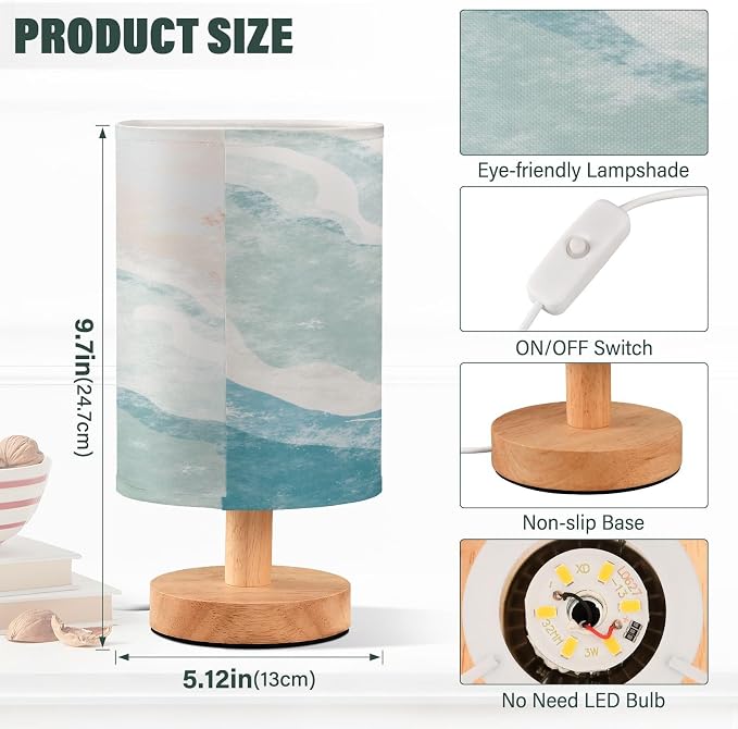 Bedside Lamp Bohemian Beach Table Lamp for Bedroom LED Nightstand Lamp Shade USB Ports Wood Base for Living Room Dorm Office