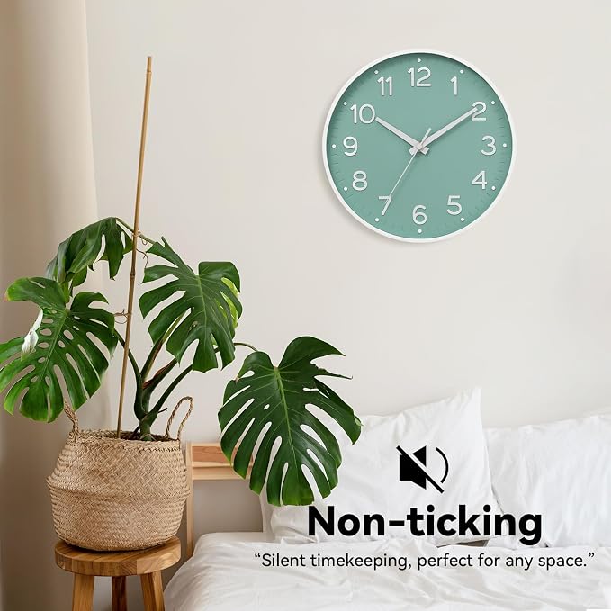 Roymnie 8 Inch Wall Clock, Battery Operated Silent Non Ticking Analog | Mint Green modern analog; large 3D easy-read dial for kitchen, office, bathroom & bedroom; 1 AA battery (not included)