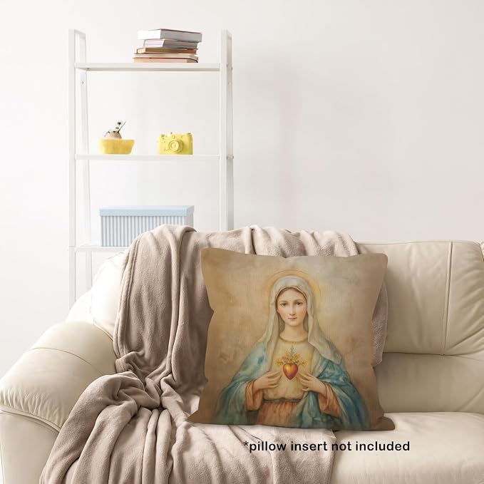 Christian Immaculate Heart of Mary Throw Pillow Covers Gifts 18x18, Vintage Religious Decor Pillow Cases for Bedroom Living Room, Catholic Virgin Mary Decorative Square Pillowcases for Couch