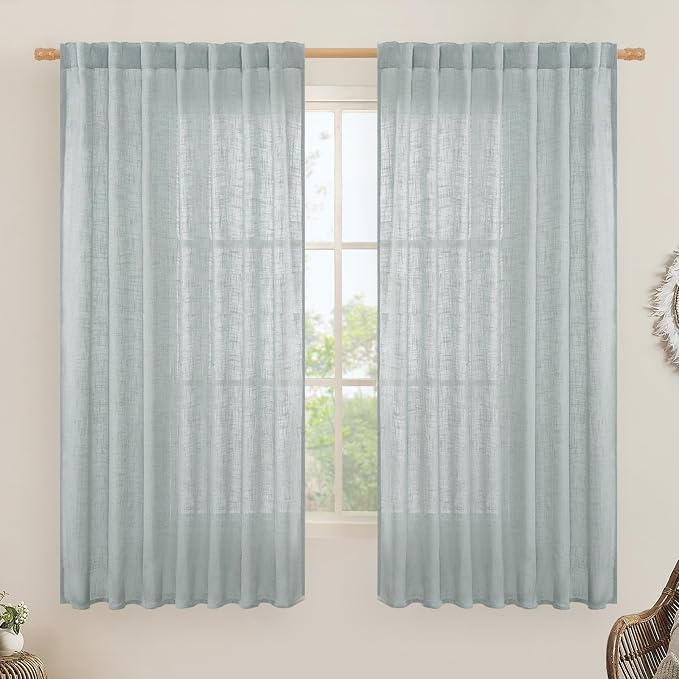 Extra Wide Semi Sheer Linen Curtains for Living Room 63 Inch Length | Light Filtering, Faux Linen Textured, Boho Drapes for Farmhouse, Rod Pocket Back Tab, 2 Panels, Greyish Blue, 60 x 63 Inch