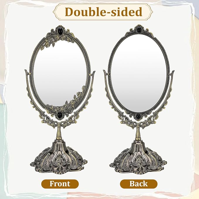Vintage Double Side Makeup Mirror Floral Tabletop Oval Vanity Swivel Double-Sided-Mirror Vintage Swivel Double Sided Cosmetic Mirror with Stand for Dressing Room Bedroom (Bronze)