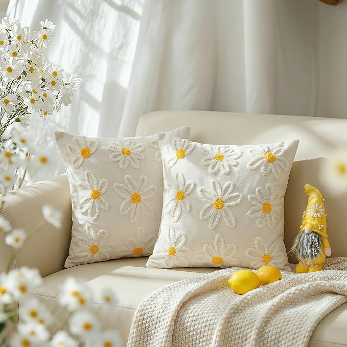 GEEORY 2-Pack 18x18 Inch Spring Summer Daisy Embroidered Canvas Throw Pillow Covers, Farmhouse Cotton Cushion Cases for Sofa Bed Living Room Home Decor