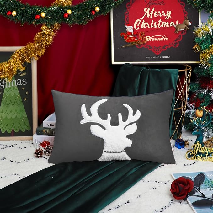 BRAWARM Christmas Pillow Cover 12 X 20 Inches, Gray Reindeer Embroidered Lumbar Pillow Cover, Soft Velvet Decorative Throw Pillow for Couch Bed Sofa Living Room Home