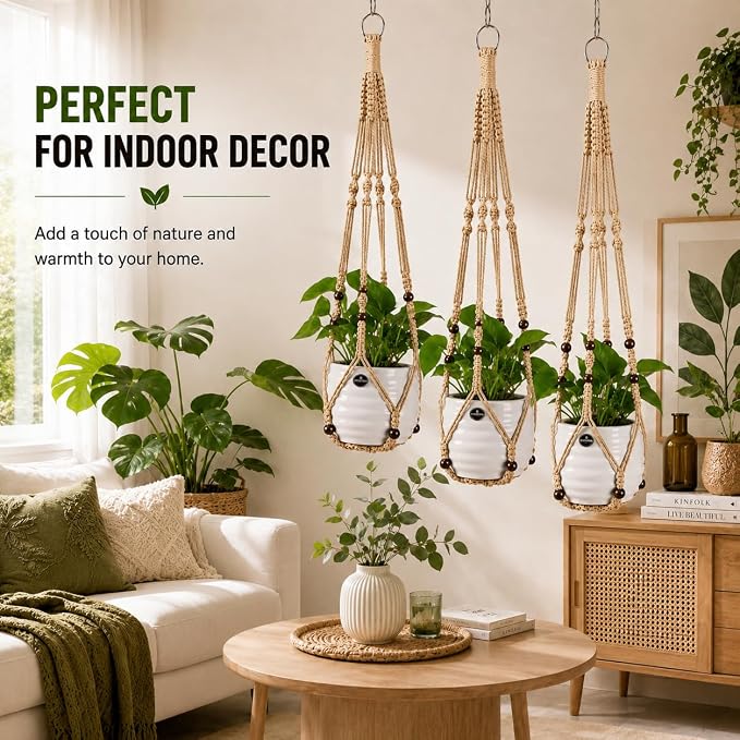 Macrame Plant Hangers with Beads for Indoor and Outdoor, 3 Pack