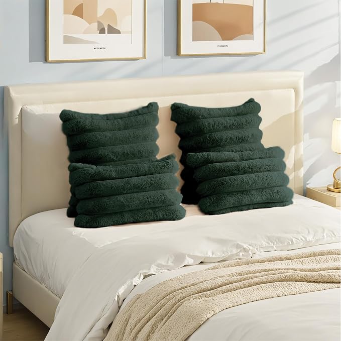HAUSSY 2 Pack Lumbar Pillow Covers 12x20 Inch, Faux Fur Decorative Couch Throw Pillows Soft Striped Plush Cushion Covers Home Decor Cute Furry Pillowcase for Living Room Sofa Bed, Dark Green