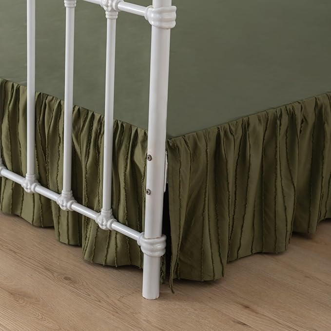 Bed Skirt King Size - Ruffled Bed Skirt - with Split Corners - Green | Striped Boho Tufted -18 Inch Drop Bedskirt with Platform-Soft Premium Hotel Quality - Easy Fit