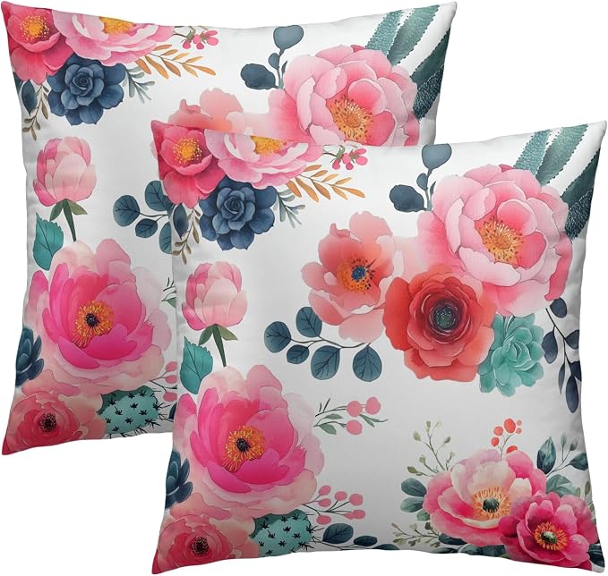 Watercolor Peony Throw Pillow Covers 16x16 Inch Set of 2 Pink Floral Girly Green Leaves Decorative Pillow Case Spring Summer Flower Square Cotton Cushion Cover for Home Couch Bed