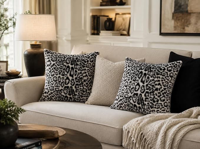 cygnus Snow Leopard Pillow Covers 18x18 inch Set of 2 | Black and White ,Soft Faux Fur Animal Print Throw Pillow Covers,Cheetah Pillowcase for Couch Sofa Bedroom Livingroom