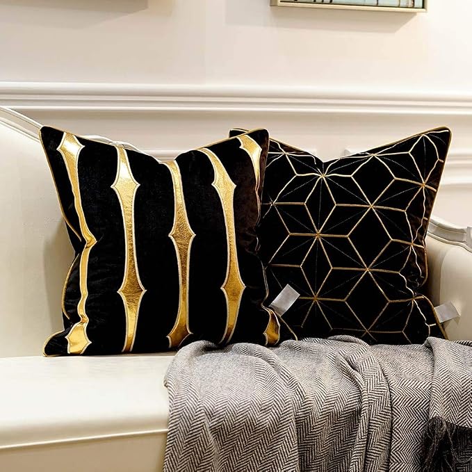 Avigers Throw Pillow Cover 18 x 18 Inch, Black Gold, Velvet, Hidden Zipper