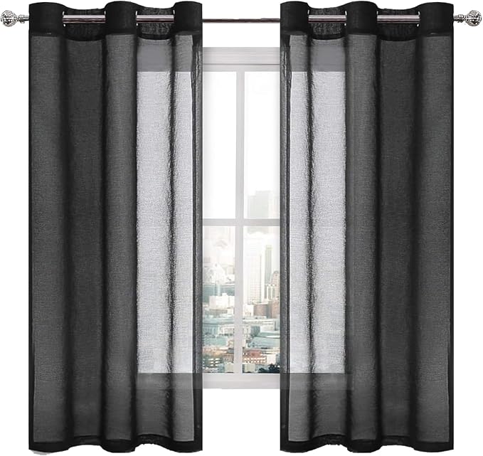 DWCN Sheer Curtains, Grommet Top Short Solid Semi Transparent Faux Linen Voile Window Curtain Drapes, Light Filtering for Living Room and Bedroom Set of 2 Panels, 46 x 45 Inches Long, Black
