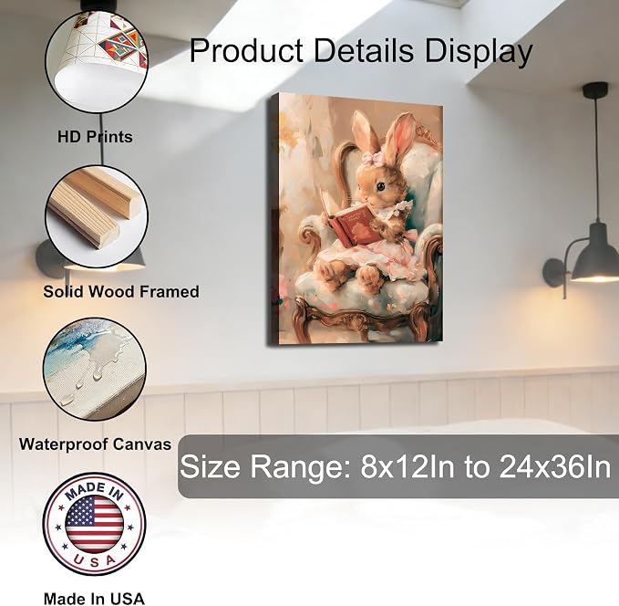 RIBNTAK Lovely Rabbit Reading Book Canvas Wall Art 16x24, Framed Easter Bunny Art Prints Rustic Animal Paintings Pictures for Kids Friends Home Bedroom Living Room Holiday Wall Decor