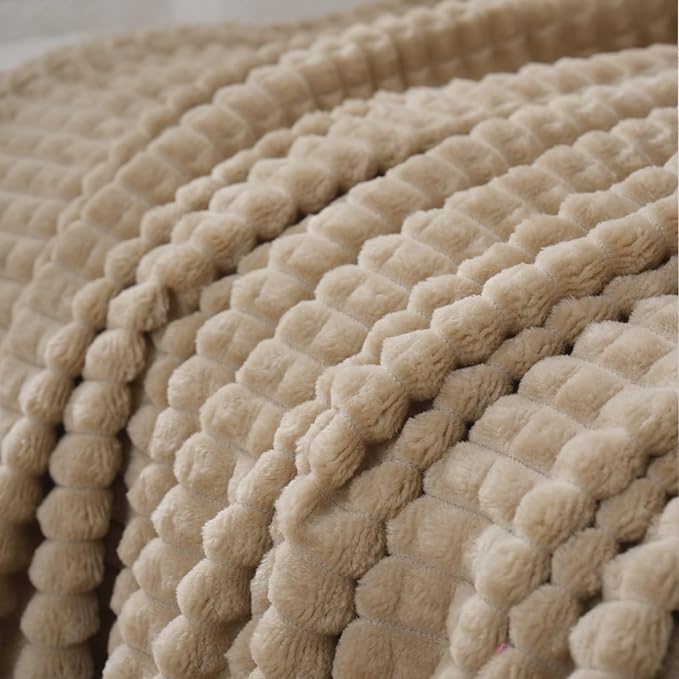 Puncuntex Fleece Throw Blanket Khaki 108"×90" with Square Grid Design | Super Soft Plush Cozy Flannel Throw Blanket Luxury for Couch Sofa Chair