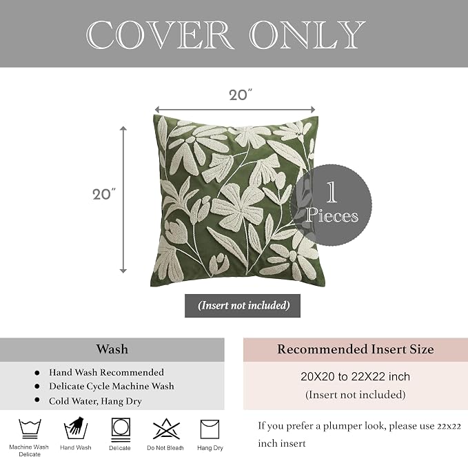BlissBlush Decorative Throw Pillow Cover 20x20 Inch, Olive Green Floral Tufted Velvet Accent Pillow Case for Sofa Bed Living Room, Cover Only