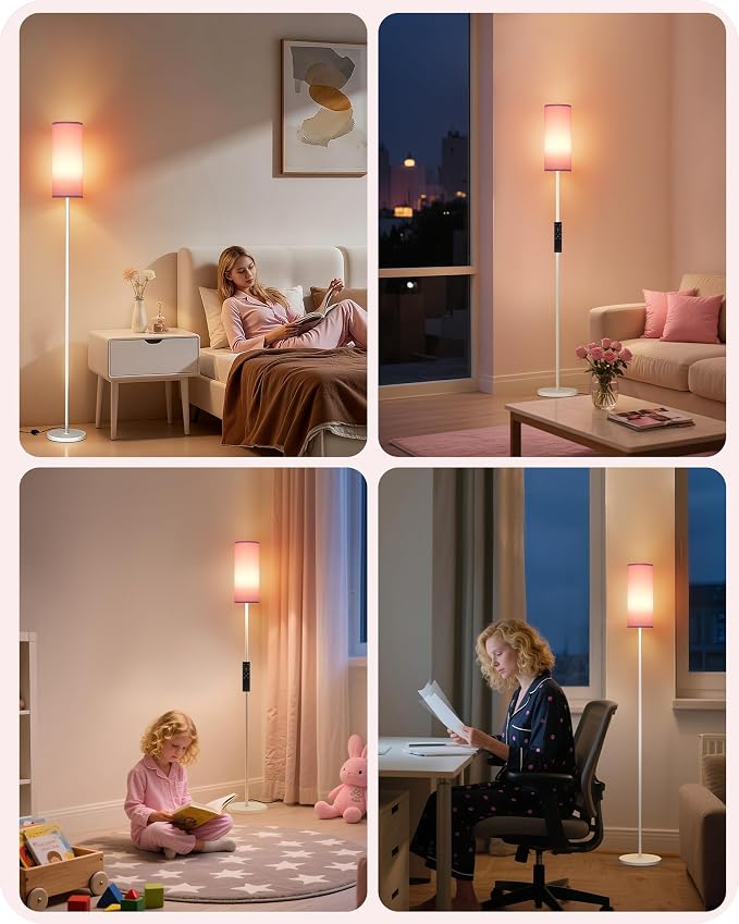 Dimmable Floor Lamps for Living Room with Remote and Foot Switch, 64.4” Modern Standing Tall Lamp, Corner Lamp for Bedroom, Bulb Included, 3000K-6500K, FCC Listed, Pink and White WP06LD05W1